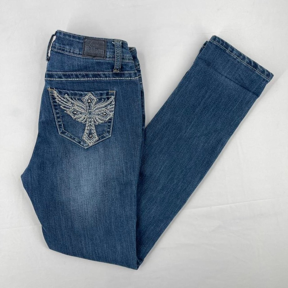 Y2K Embellished Low Rise Skinny Slim Jeans Grunge Cross Studded 4 Small McBling